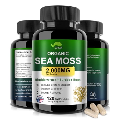 VPKIN Organic Sea Moss Capsules with Bladderwrack & Burdock (120 ct)