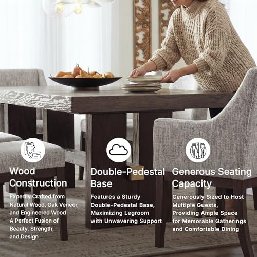 Image of Signature Design by Ashley Burkhaus Extendable Dining Table, Dark Brown | Seats up to 8, Removable 18-inch leaf, Made of wood, Oak veneer and engineered wood, Double pedestal base