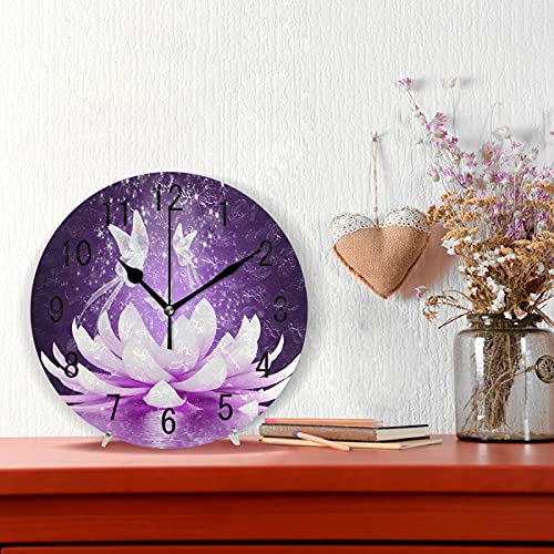 Alaza Home Decor Purple Lotus Flower Butterfly Round Acrylic 9.5 Inch Wall Clock Non Ticking Silent Clock Art For Living Room Kitchen Bedroom #TOP1