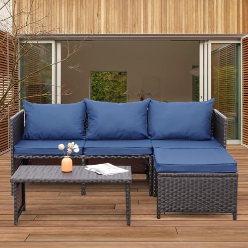 Image of Valita Outdoor Furniture Set 3 Piece Patio Set Patio Conversation Sets Outdoor Sectional Sofa Patio Loveseat Coffee Table with Non-Slip Cushions, Navy Blue