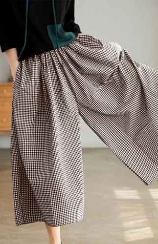 Image of chouyatou Women's Cotton Linen Pants Elastic Waist Plaid Gingham Wide Leg Capri Palazzo Pants