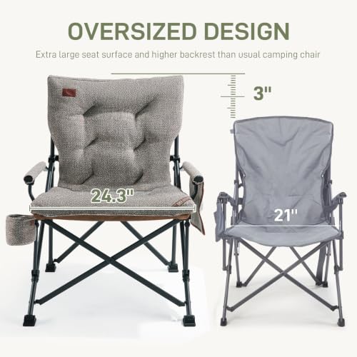 Image of EVER ADVANCED Padded Oversized Folding Camping Chair for Adults, Heavy Duty Lawn Chair with Side Pockets, Portable Collapsible Quad Chair for Outside, Support Up to 500lbs, Brown