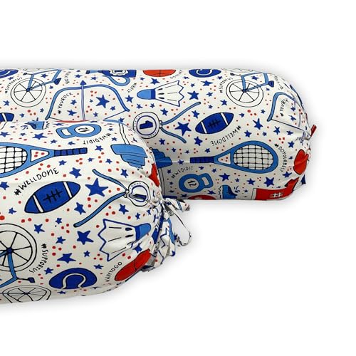 Image of Swayam Set of 2 Pure Cotton Bolster Cover | 30x30 Inch | Soft Breathable Masnad Cover 200TC | Durable & Washable | Sports Print Bolster Cover for Diwan, Bed & Sofa - White & Blue