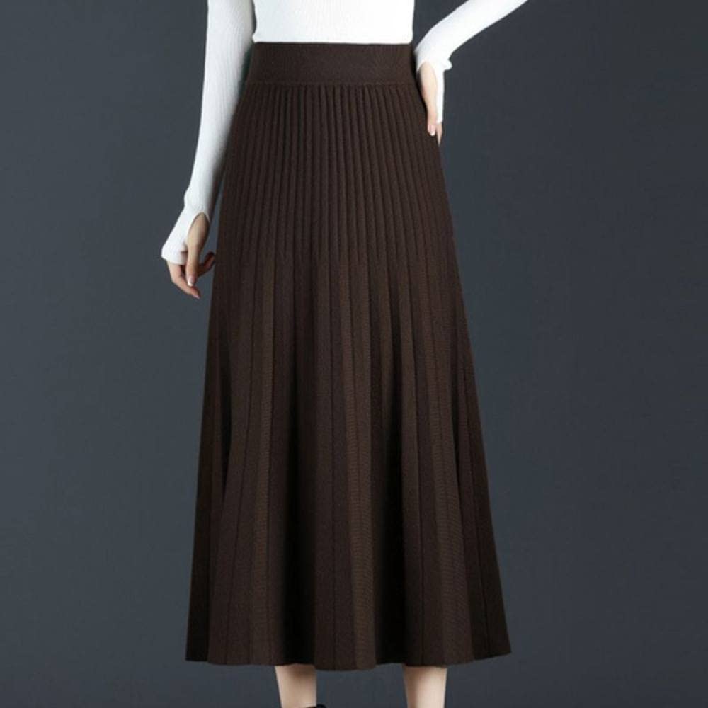 Röcke,Damen Midirock Braun Elastisch Hohe Taille Schlichtheit Faltenrock Herbst Winter Schlank A-Linie Swing Geraffte Elegante Lange Röcke Für Mädchen Damen,S