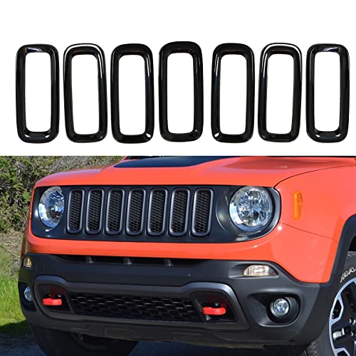 Image of Front Bumper Grill Insert Rings Vent Cover Trim Compatible with Jeep Renegade 2015 2016 2017 2018 Gloss Black (7pcs)