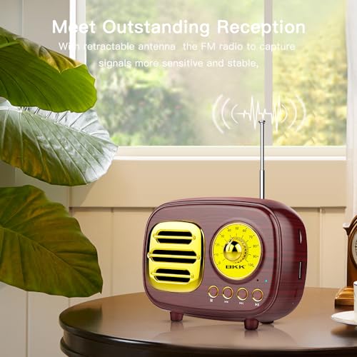 Image of BKK Retro Portable Bluetooth Speaker with FM Radio and Antenna, Wireless Bluetooth Speaker with Calling Feature, USB Charging, TF Card Support, with Wireless Mic, Vintage Speaker - 11.5x8.75x6cm