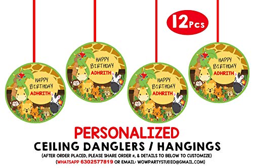 Image of WoW Party Studio Personalized Jungle Theme Ceiling Hangings / Danglers with Birthday Boy /Girl Name (12 Pieces, Green)