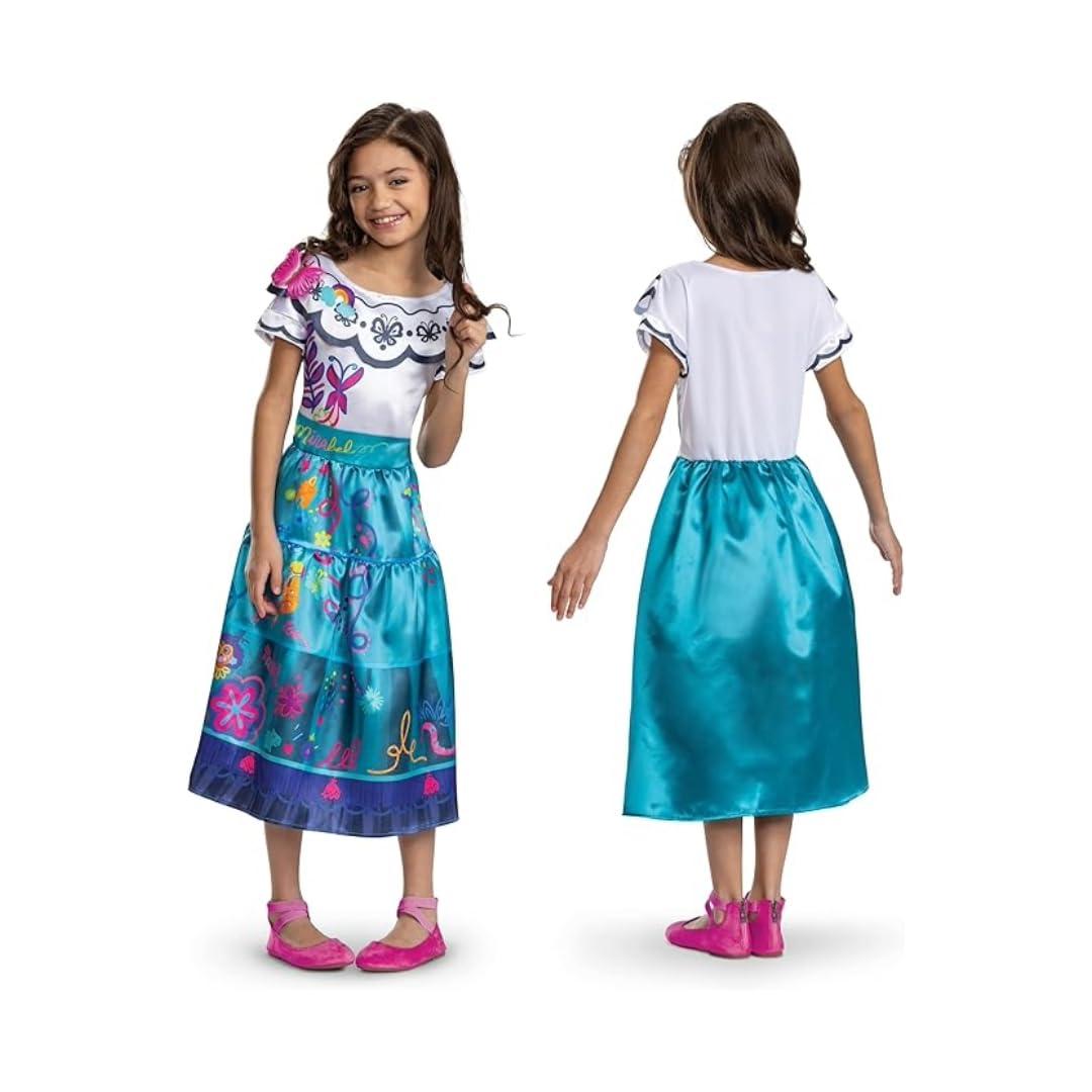 Disney Encanto Mirabel Costume, Official Disney License Encanto Fancy Dress Up for Girls, Features A Multi-Colour Dress with Butterfly Shoulder Detail, in size 7-8, 4-6, 3-4, 2years