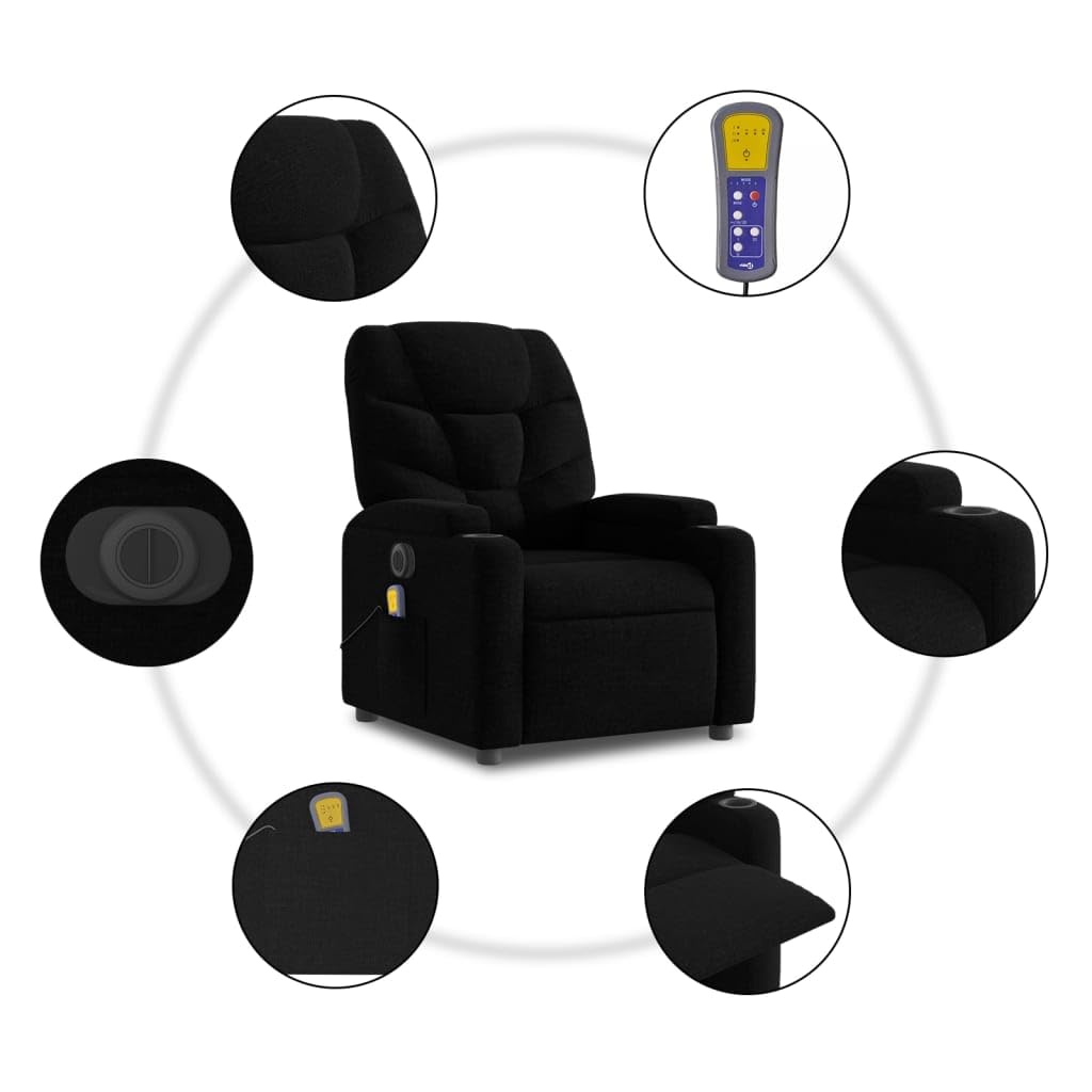 Massagesessel Elektrisch Schwarz Stoff Relaxsessel mit Liegefunktion, 6-Punkt Vibrationsmassage, Getränkehalter, Seitentasche, Stabiler Holz-Metall-Rahmen, Komfort für Wohnzimmer und Büro