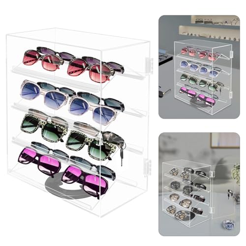 4 Tiers Rotating Acrylic Display Case, Clear Acrylic Eyewear Showcase with V-Shaped Shelves & Lock, Countertop Display Box for Jewelry, Watches, Glasses - Thumbnail 4