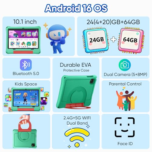 Image of aiprotablet 10 inch Kids Tablet, Android 16 Tablet for Kid, Octa-Core CPU, 24GB RAM, 64GB ROM 1TF Card Expandable for Toddler Children,Tablets with Case, Parental Control, 6000mAh,WiFi, BT5.0 (Green)