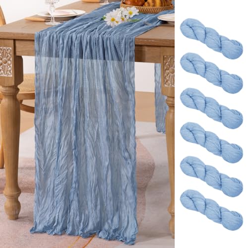 Image of MLMC 6 Pack Dusty Blue Table Runner 10ft Boho Gauze Cheesecloth Table Runner Bulk 65x120 Inches Rustic Cheese Cloth Decor for Wedding Bridal Shower Baby Shower Party Decor