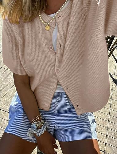 Womens Knitted Crop Cardigan Short Sleeve Solid Open Front Button Down Y2k Summer Outwear Top Tee Shirt2