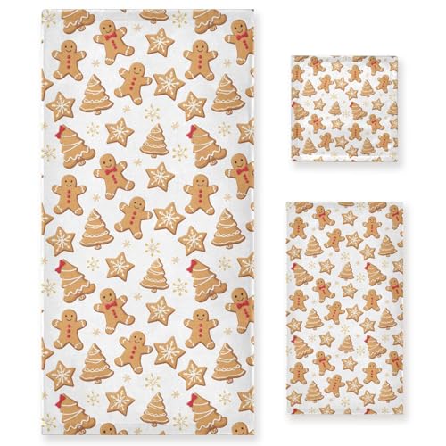 Pfrewn Lebkuchenmann-Handtücher, 3er-Set, Weihnachten, Winter, Badezimmer, weich, saugfähig, Badetücher, Waschlappen, Gästetuch-Sets, Weihnachten, Urlaub, Badezimmer-Dekorationen