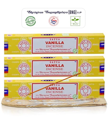 Satya Nagchampa Vanilla Incense Sticks Satya Bng (Bangalore) Insenses 15gmx3 Pack (45 GMS) with Raajsee Incense Holder Bundle Satya Nagchampa Natural Incense