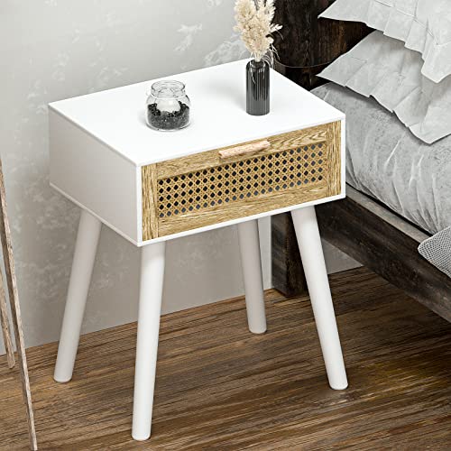 Visionwards Rattan Side Table With Storage, Cane Boho Mid Century Nightstand With Drawer, Wood Small Side Table For Small Space, Living Room And Bedroom, Easy Assembly (White) #TOP5