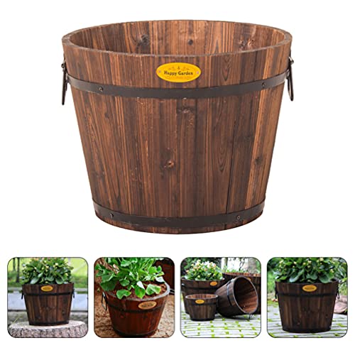 Hemoton Medium Garden Wooden Effect Barrel Planter, Outdoor Half Whiskey Cask Flower Pot, Indoor Rustic Patio Grow Plant Container #TOP7