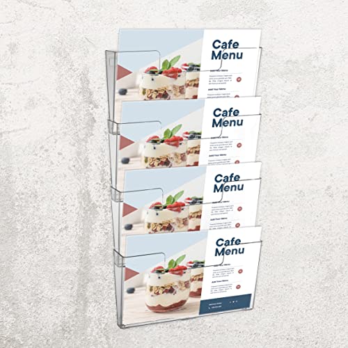 Europel Prospekthalter Wandmontage, Mehrfach, 4 Fächer DIN A4, Aanschließbar, Erweiterbar, Transparent, Querformat, Broschürenständer für Büros, Broschürenhalter für Menü, Faltblatt, Flyer