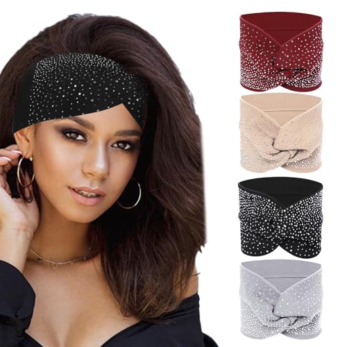 キラキラ光るラインストーンヘッドラップ4個 ボーホー レディース ヘッドバンド クリスタル ソフト 通気性 ストレッチ ワイド 伸縮性 ターバン 厚手 コットン ファッション ヘア スカーフ ヨガ ランニング