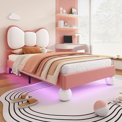Kinderbett Polsterbett 90x200, Einzelbett Mädchenbett mit LED-Lichtleiste&Fliegeformiges-Kopfteil, Bett Jugendbett Bettgestell Funktionsbett Bettrahmen mit Lattenroste, Samt, Ohne Matratze, Beige+Rosa – Bild 6