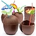Prextex 18 Pack Coconut Cups for Hawaiian Luau Kids Party with Hibiscus Flower Straws - Tiki and Beach Theme Party Fun Drink or Decoration Cups (Improved Twist-Close Lids)