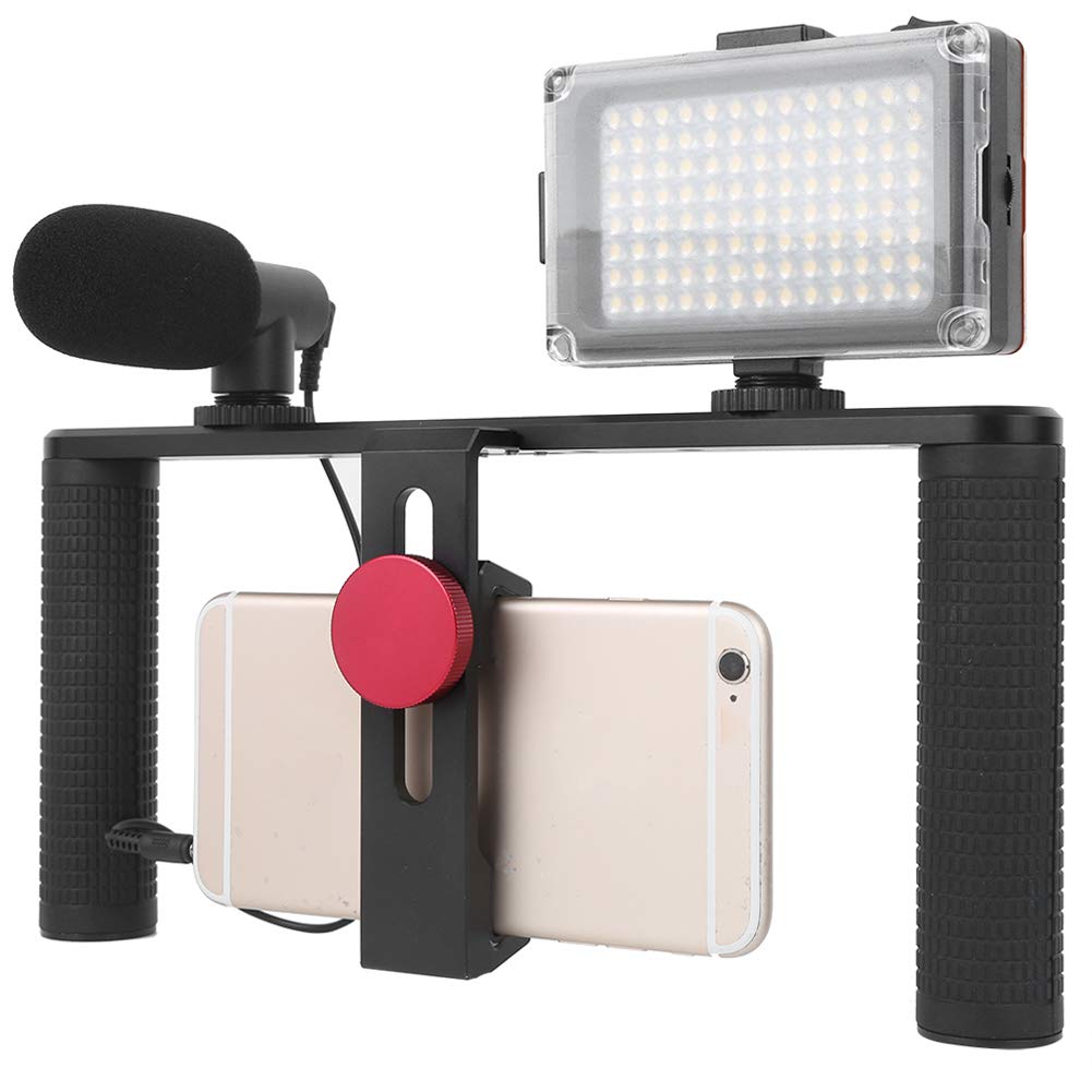 Soporte para teléfono móvil de Dos Manos, Mango estabilizador de Video para Smartphone con luz de Relleno y micrófono, Jaula de aleación de Aluminio para teléfonos de 40 a 92 mm,