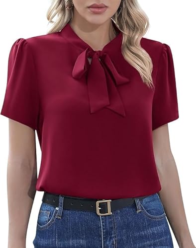 Yommay Camicetta estiva da donna, in chiffon, a maniche corte, con cravatta, collo, rosso vivo, XL Yommay Camicetta estiva da donna, in chiffon, a maniche corte, con cravatta, collo, rosso vivo, XL