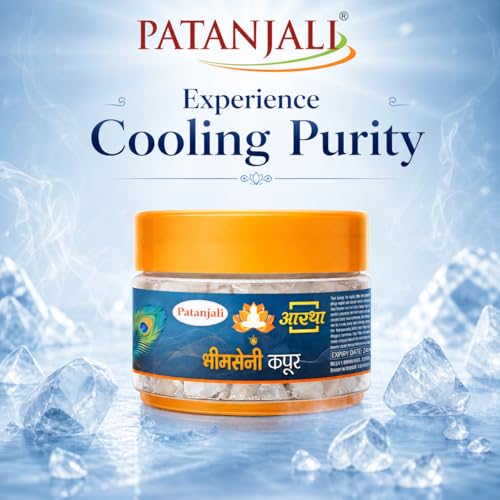 Image of Patanjali Aastha Bhimseni Kapoor Camphor Crystals for Puja, Havan & Aromatherapy | Natural Long Lasting Air Freshening Kapoor | 25g Each Jar, Pack of 4 for Home, Temple & Spiritual Use for Daily Pooja