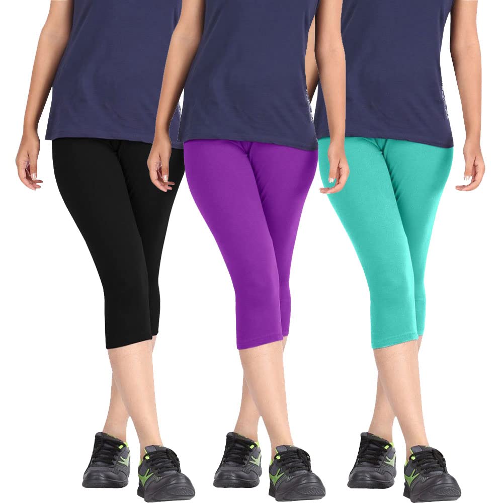 pixie fashion Biowashed Cotton Stretchable Capri Legging Combo Pack of 3 for Women/Girls/Ladies (Black, Purple and Turquoise) - Free Size-picture-31