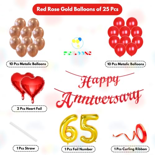 Image of Flyloons 65th Happy Anniversary Decoration Items Red Rose Gold for Men Women Husband Wife Mom Dad Parent Couple Home Bedroom Car With 20 Pcs Metallic Balloons Anniversary Banner 2 Pcs Heart Set Kit