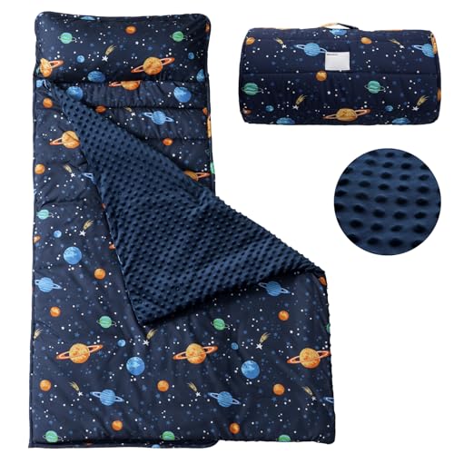 PHF Toddler Nap Mat with Removable Pillow and Minky Fleece Blanket, Rollup Design Warm Slumber Bags for Boys, 50″x20″x2″ Kids Sleeping Bag for Daycare Preschool Travel Camping, Space