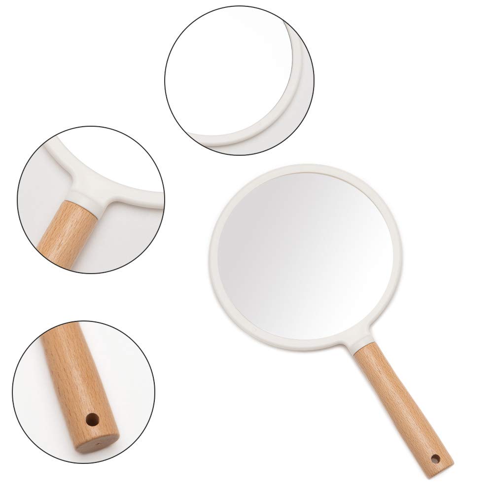 YEAKE Specchio a mano con manico per trucco, piccolo specchio in legno carino per rasatura con foro da appendere su un lato, portatile, da viaggio, per uomini e donne (rotondo)