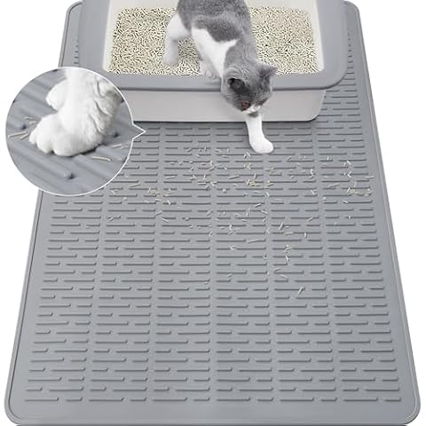 Coomazy 28x20 Large Water Resistant Cat Litter Box Mat - Easy Clean, Textured Backing for Stay-in-Place, Less Waste, Traps Mess, Soft on Paws, Perfect for Cleaner Floors, Gray Cover