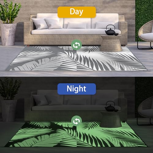 Image of GENIMO Outdoor Rug 5' x 8' Waterproof for Patios Clearance, Reversible Outdoor Plastic Straw Camping Fluorescent Rug Carpet, Glow in The Dark, Area Rugs Mats for RV, Camper, Deck, Balcony, Grey&White