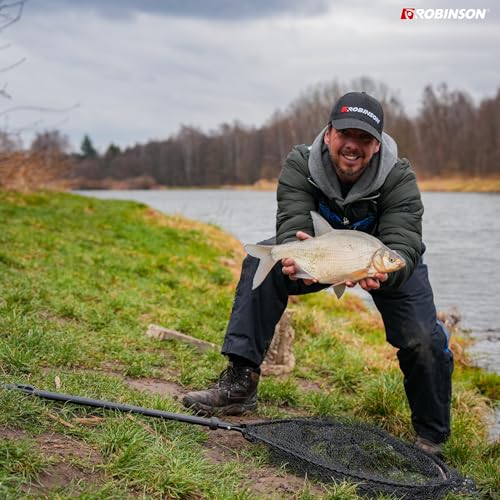 Robinson Angel Kescher gummiert - Einhändig klappbar, Raubfischkescher ideal zum Spinnfischen, Waten und Bootsangeln - 115 cm, Korb 52×45 cm - Netztiefe 45 cm - 10 mm Masche - schnell trocknend