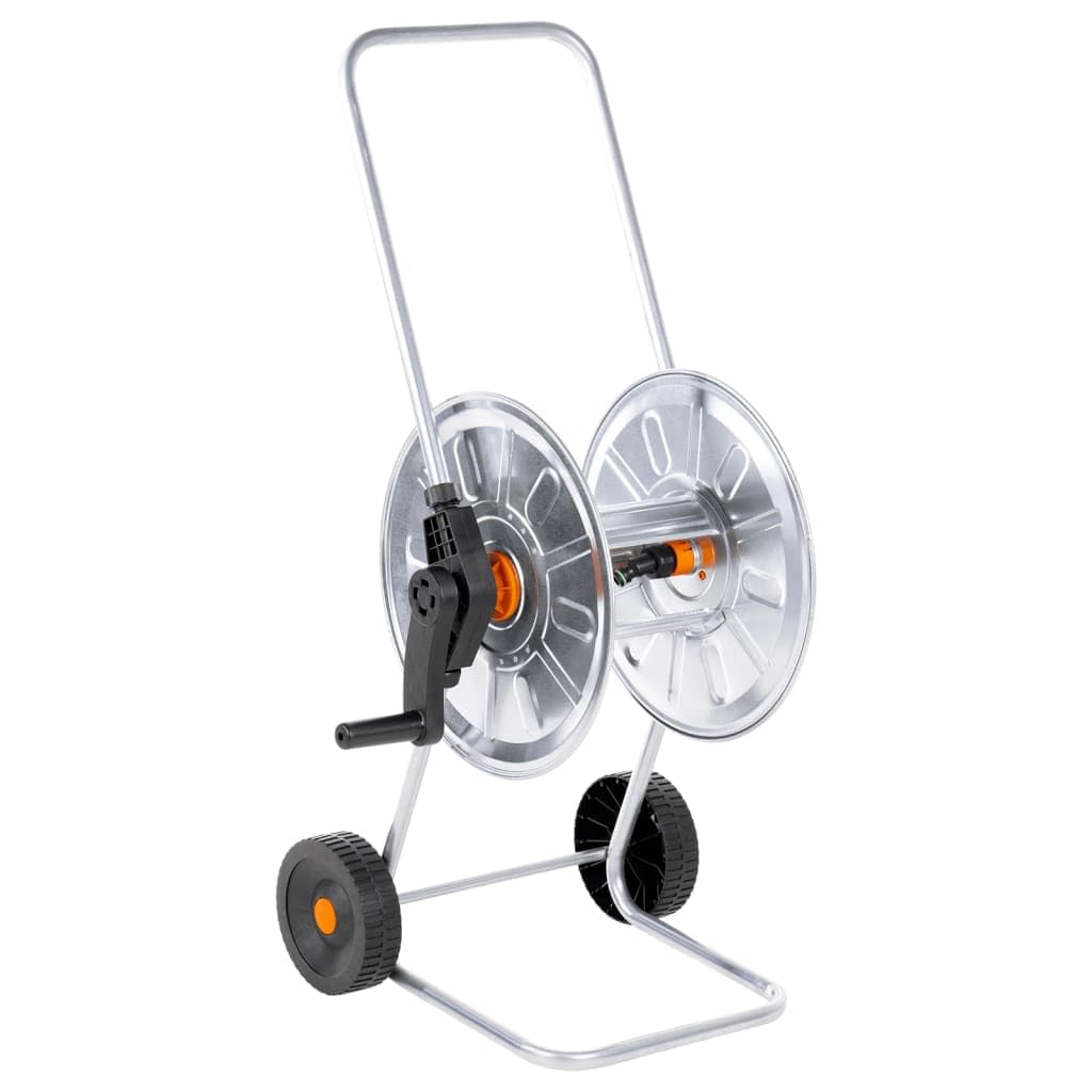 Schlauchwagen aus verzinktem Stahl für 50 m 1/2 Zoll oder 35 m 3/4 Zoll Gartenschlauch mit Kurbel, Rädern und abgewinkeltem Schlauchanschluss für Garten