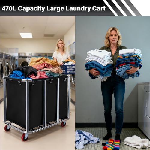 Commercial Laundry Cart with Wheels, 400L Capacity Heavy Duty Large Laundry Basket with Watertight Oxford Bag and Sturdy Steel Frame for Home, Hotel,Hospital,440 lbs(Black) by FRMZBWK - Image 5
