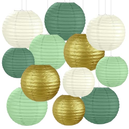 AUAUY 12Pcs Sage Green Paper Lanterns, Round Hanging Paper