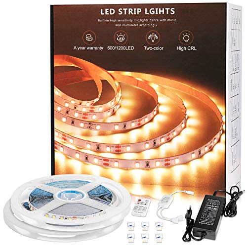 Daylight/Warm White LED Strip Lights Tunable 3000-6500K,32.8FT 1200LEDs 12V Dimmable LED Tape Lights With Remote Vanity Flexible Strips Lighting For Home Mirror Kitchen Cabinet Bedroom,Strong Adhesive