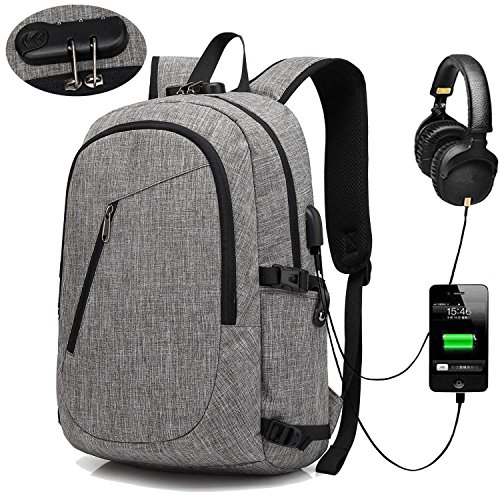 XQXA Laptop Backpack,College School Bag with USB Charging Port and Headphone Jack Water Resistant School Rucksack 15.6 Inch PC Computer Backpack Bags for Business,Work,Travel Rucksack Bookbag Grey