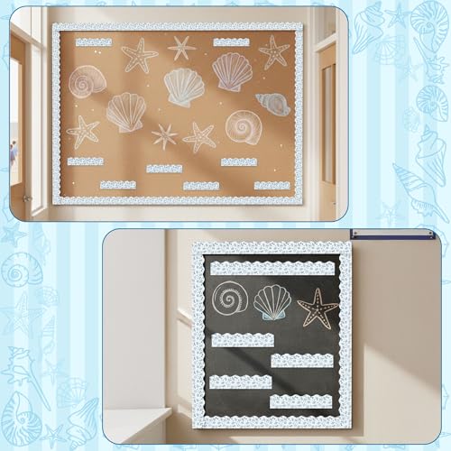 Image of BeYumi Coastal Seashells Border Trim - 65ft Back to School Beach Border | Blue Beach Seashells Starfish Bows Summer Scalloped Bulletin Board Set School Classroom Office Chalkboard Party Holiday Decor
