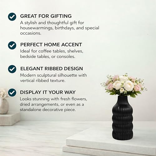 Image of Modern Ribbed Ceramic Vase - Matte Black Decorative Flower Vase for Home Decor, Table Centerpiece & Living Room Styling