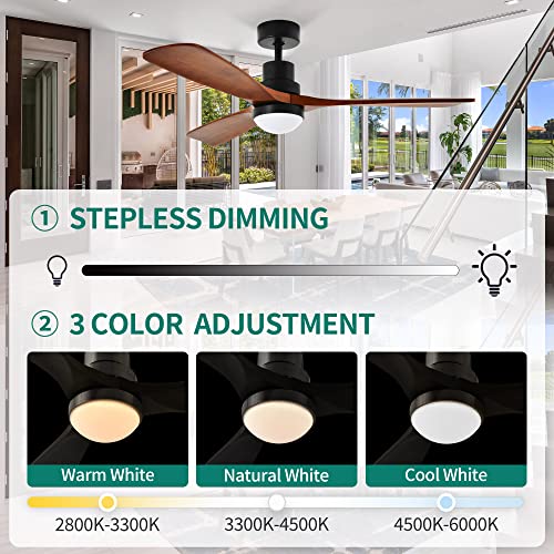 Yitahome 52" Ceiling Fan With Lights And Wall Switch Remote, Industrial Wood Fan With Quiet Reversible 6 Speeds Motor, Dimmable Led 3 Color, Memory Function For Outdoor Indoor, Black & Walnut #TOP2