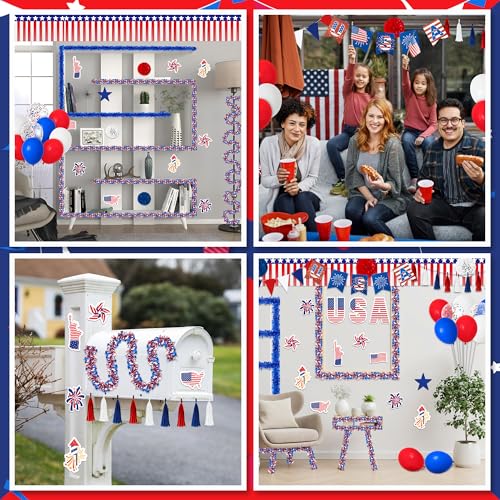 Image of 57Pcs 4th of July Parade Car Decoration Kit - Flag, Tinsel Garlands, Banners, Etc - Red White Blue Decor for Patriotic Independence Day Party Favors