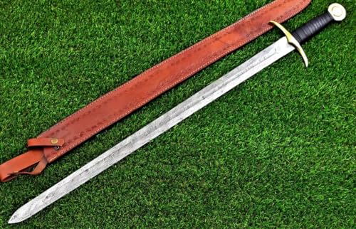 Empire - 38 Inch Handmade Damascus Steel Double Edge Sword with Leather Sheath - Long Sword - Hunting Sword