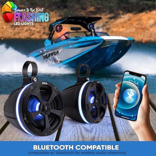 Pyle 2-Way Waterproof Off Road Speakers - 5.25" 1000W Active Passive Marine Grade Wakeboard Tower Speakers System w/ RGB Light, Full Range Outdoor Stereo Speaker for ATV/UTV Jeep Boat - PLUTV55BTR