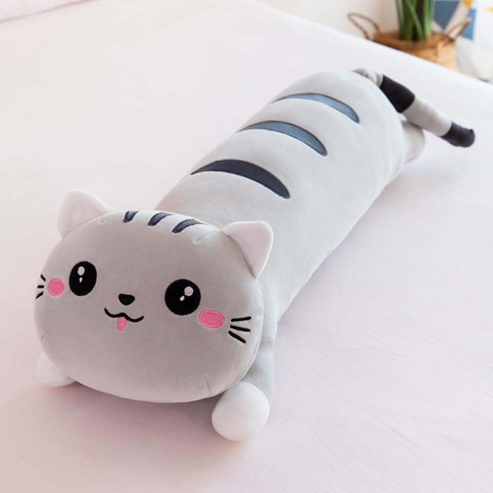 NatureMan Long Cat Plush Body Pillow, 25 Inches Cute Kawaii Stuffed Animal Sleeping Pillow Gift for Kids and Girlfriend (Gray)