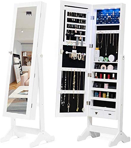Preisvergleich Produktbild gengxinxin Schmuckschrank mit LED-Beleuchtung und Fußspiegel abschließbar Schmuckregal weiß
