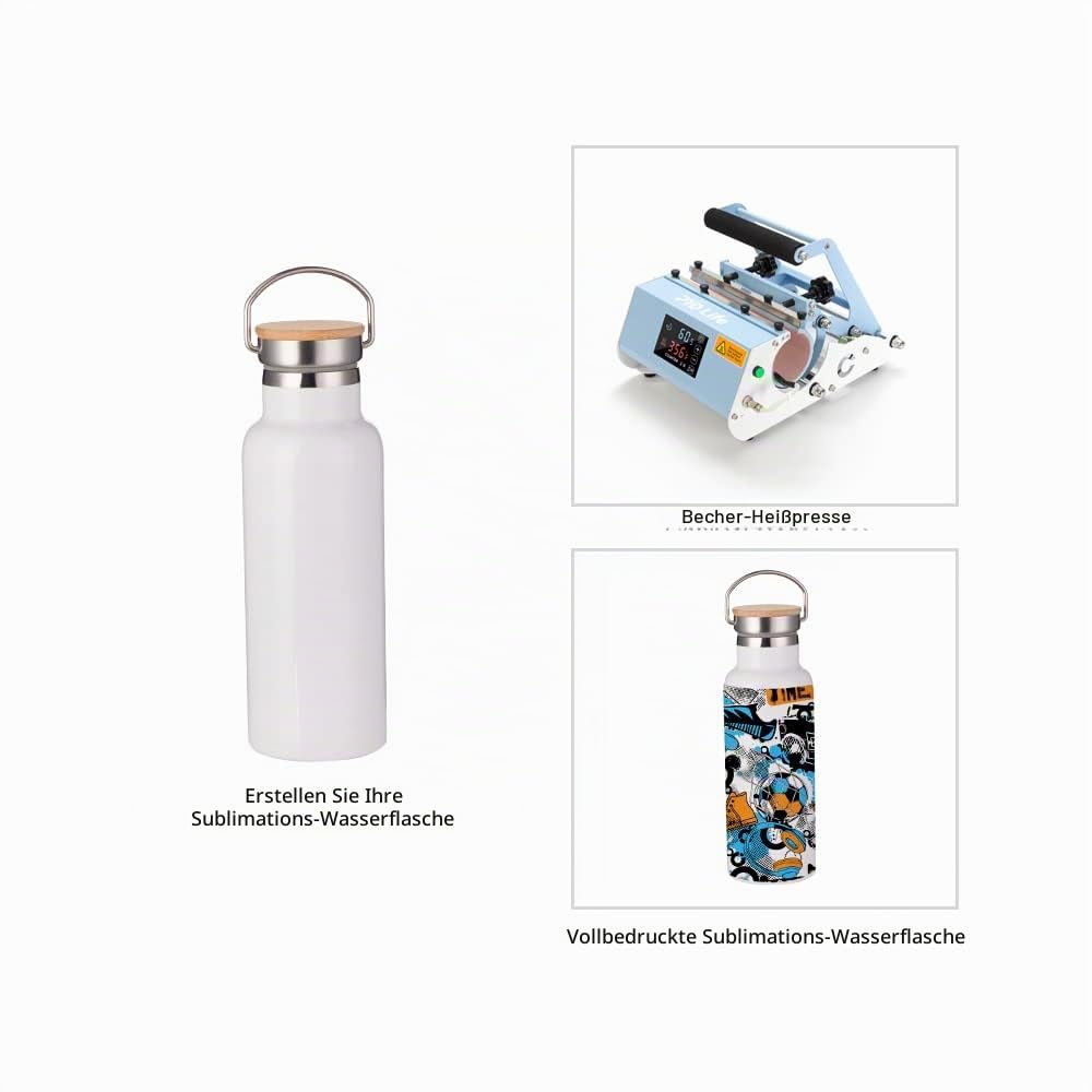 PYD Life Sublimationswasserflasche, Rohlinge, weiß, 480 ml, Edelstahl, Sportflasche, Vakuumflasche mit Bambusdeckel für Becher, Wärmepresse, Sublimationsdruck, 4 Stück