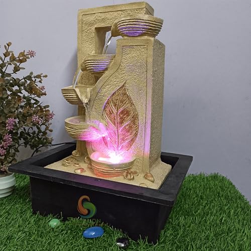 Image of Golden Leaf Diya Decorative Table Top Water Fountain for Home Decor /Office /Indoor & Outdoor /Garden /Puja Room /Vaastu with Multicolor LED Light and Adjustable Water Pump (GOLD LEAF DIYA D-044)